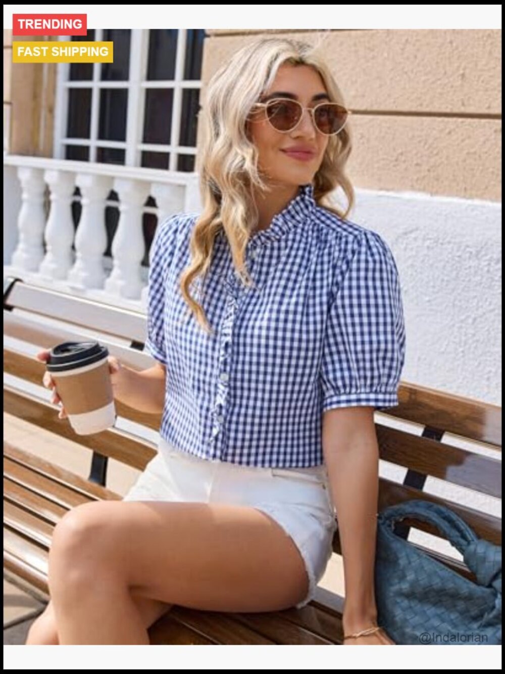 Cotton Plaid Gingham Short Sleeve Button Down Ruffle V Neck Blouse Shirt - Picture 4 of 7